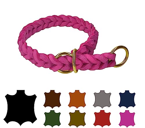 Hundehalsband Fettleder/Halsband ZugStopp Messing/kleine Hunde & große Hunde / 15mm / 20mm / 25mm / XXS - XL (30 Breite: 15mm, Pink) von elropet