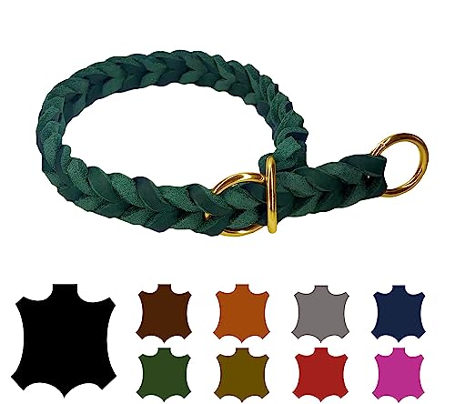 Hundehalsband Fettleder/Halsband ZugStopp Messing/kleine Hunde & große Hunde / 15mm / 20mm / 25mm / XXS - XL (30 Breite: 15mm, Tannengrün) von elropet