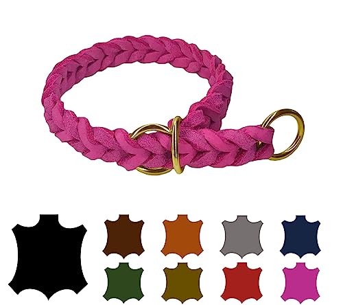 Hundehalsband Fettleder/Halsband ZugStopp Messing/kleine Hunde & große Hunde / 15mm / 20mm / 25mm / XXS - XL (35 Breite: 25mm, Pink) von elropet