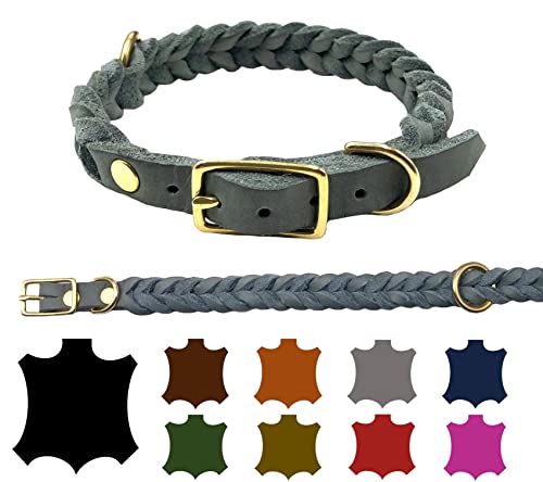 Hundehalsband Fettleder große Hunde verstellbar Messing handgeflochten Made IN Germany Lederhalsband (M 37cm-43cm Breite:20mm, Grau) von elropet