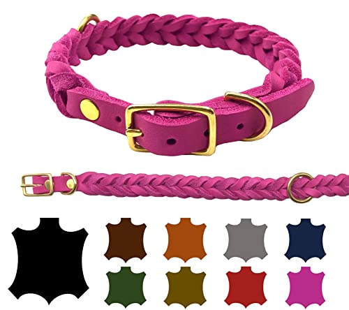 Hundehalsband Fettleder große Hunde verstellbar Messing handgeflochten Made IN Germany Lederhalsband (M 37cm-43cm Breite:25mm, Pink) von elropet