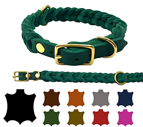 Hundehalsband Fettleder große Hunde verstellbar Messing handgeflochten Made IN Germany Lederhalsband (M 37cm-43cm Breite:25mm, Tannengrün) von elropet