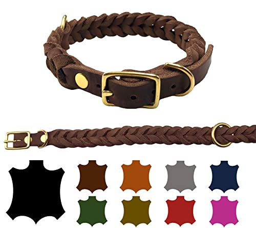 Hundehalsband Fettleder große Hunde verstellbar Messing handgeflochten Made IN Germany Lederhalsband (XS 27cm-33cm Breite:20mm, Braun) von elropet