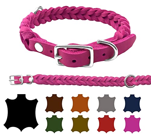 Hundehalsband Fettleder kleine Hunde/große Hunde verstellbar handgeflochten Made IN Germany (S 32cm-38cm Breite:15mm, Pink) von elropet