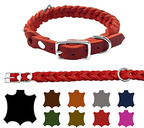 Hundehalsband Fettleder kleine Hunde/große Hunde verstellbar handgeflochten Made IN Germany (L 42cm-48cm Breite:25mm, Rot) von elropet