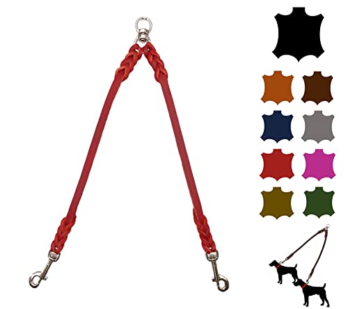 Hundeleine Doppelleine für 2 Hunde/Koppelleine Fettleder/Verbindungsleine kleine Hunde/große Hunde (35cm Breite: 12mm, Rot) von elropet