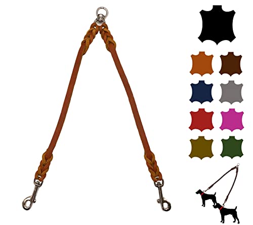 Hundeleine Doppelleine für 2 Hunde/Koppelleine Fettleder/Verbindungsleine kleine Hunde/große Hunde (45cm Breite: 12mm, Cognac) von elropet