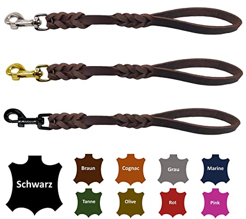 Hundeleine Fettleder/Kurzführer Leder handgeflochten für mittlere und große Hunde (Braun, 40cm Haken: Chrom (Silber)) von elropet