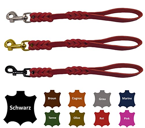 Hundeleine Fettleder/Kurzführer Leder handgeflochten für mittlere und große Hunde (Rot, 40cm Haken: Messing (Gold)) von elropet
