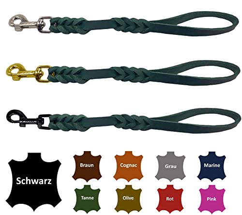 Hundeleine Fettleder/Kurzführer Leder handgeflochten für mittlere und große Hunde (Tannengrün, 40cm Haken: Chrom (Silber)) von elropet