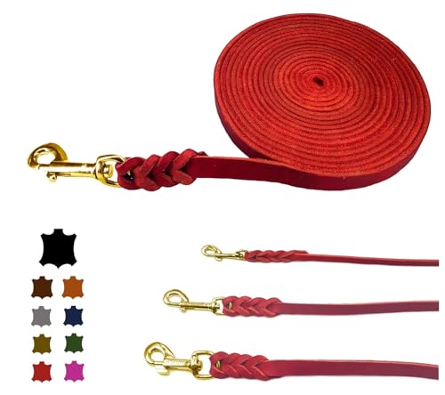 Hundeleine Fettleder/Schleppleine Leder Messing/Lederleine kleine Hunde & große Hunde / 2m / 3m / 5m / 10m / 15m /20m (Rot MIT Handschlaufe, 10m / 12mm) von elropet