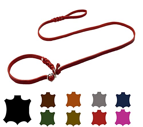 Hundeleine Fettleder Agility/Retrieverleine mit Zugstopp/Moxonleine für kleine Hunde/große Hunde (1,30m X 8mm, Rot) von elropet