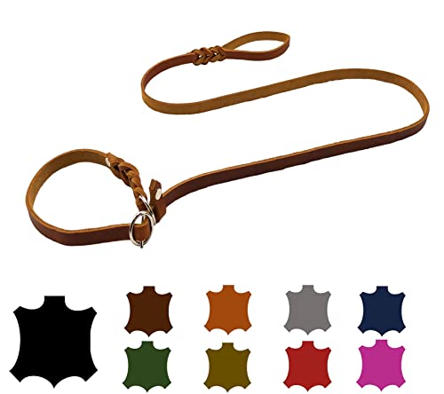 Hundeleine Fettleder Agility/Retrieverleine mit Zugstopp/Moxonleine für kleine Hunde/große Hunde (1,30m X 12mm, Cognac) von elropet