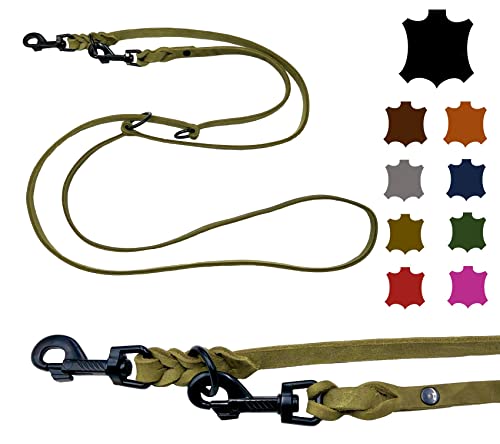 Hundeleine Fettleder kleine Hunde/große Hunde SCHWARZER Haken 2m / 2,40m / 2,80m / 3,50m / 5m Doppelleine verstellbar (2m X 12mm, Olivegrün) von elropet