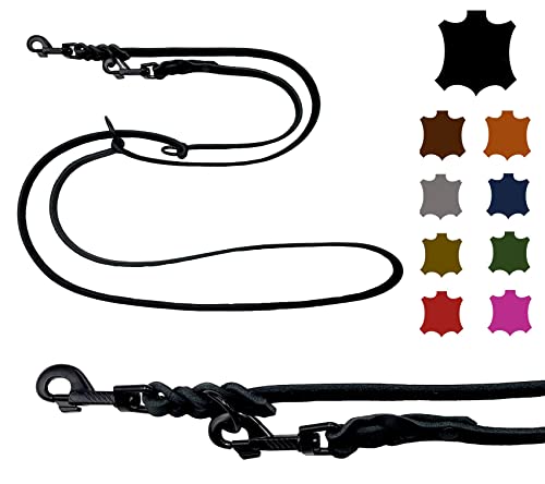 Hundeleine Fettleder kleine Hunde/große Hunde SCHWARZER Haken 2m / 2,40m / 2,80m / 3,50m / 5m Doppelleine verstellbar (2m X 12mm, Schwarz) von elropet