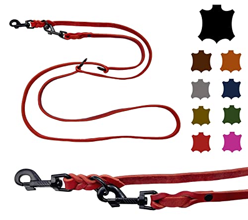 Hundeleine Fettleder kleine Hunde/große Hunde SCHWARZER Haken 2m / 2,40m / 2,80m / 3,50m / 5m Doppelleine verstellbar (3,50m X 15mm, Rot) von elropet