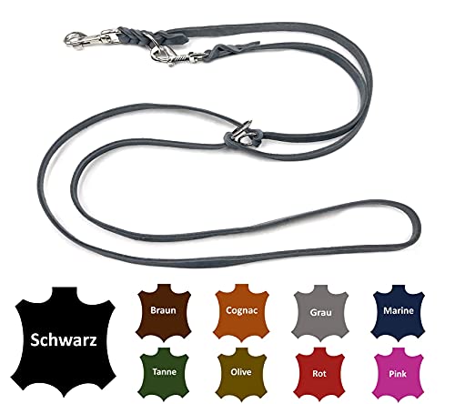 Hundeleine Fettleder kleine Hunde/große Hunde 2m / 2,40m / 2,80m / 3,50m / 5m Doppelleine verstellbar (5m X 15mm, Grau) von elropet