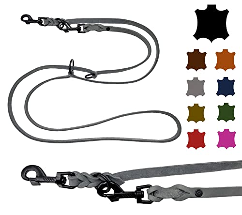 Hundeleine Fettleder kleine Hunde/große Hunde SCHWARZER Haken 2m / 2,40m / 2,80m / 3,50m / 5m Doppelleine verstellbar (5m X 12mm, Grau) von elropet