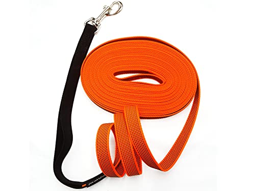 Schleppleine gummiert MIT RUCKDÄMPFER 1m - 30m / 20mm breit/für mittlere und große Hunde MIT/OHNE Handschlaufe (20m MIT Handschlaufe, Orange gummiert) von elropet