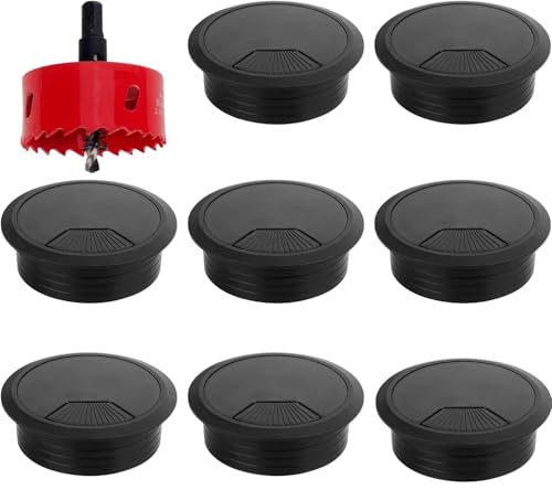 Kabeldurchführung Schreibtisch, 8 Stück Kabelführung zum Eindrücken, 60mm Kabeldurchlass mit 1 Lochsäge, Schreibtisch Kabeldurchführung für Tisch Büro Arbeitsplatten(Schwarz) von elthmpr
