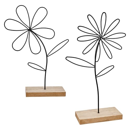 Aufsteller Blume Frühling Sommer Deko - 2er Deko-Baum Aufsteller Metall Holz Schwarz Deko Wohnzimmer Modern mit Bambus-Sockel für Frühlingsdekoration Innen Esstisch Tischdeko Hinstellendeko Fensterban von elthmpr