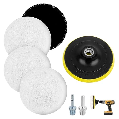 Wolle Polierpads 125mm, 4 Stück Auto Polierhaube Winkelschleifer, Rundadapter, Klettverschluss, Leicht Austauschbar, für M14 Bohrer, für Autopolieren von elthmpr