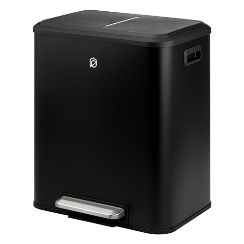 eluno Abfalleimer, Treteimer - 2 Fächern mit je 15 Liter Fassungsvermögen, herausnehmbare Inneneimer aus Kunststoff, seitliche Griffe, großes Fußpedal, Mülltrennsystem, Soft-Close Deckel (Schwarz) von eluno