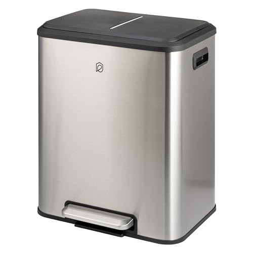 eluno Abfalleimer, Treteimer - 2 Fächern mit je 15 Liter Fassungsvermögen, herausnehmbare Inneneimer aus Kunststoff, seitliche Griffe, großes Fußpedal, Mülltrennsystem, Soft-Close Deckel (Edelstahl) von eluno