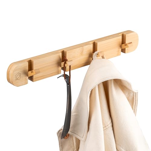 eluno Hakenleiste aus Bambus im natürlichen Design, platzsparende Garderobenleiste mit 4 einklappbaren Haken, ideal für Jacken, Hüte, Taschen und Handtücher, zum Kleben mit 3M Kleber oder zum Bohren von eluno