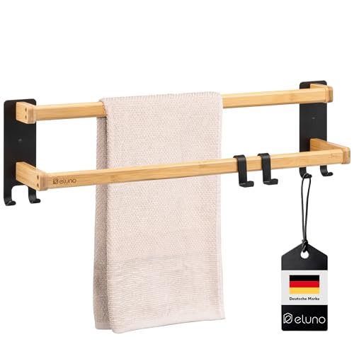 eluno Handtuchhalter 60 cm mit 2 Handtuchstangen und 6 praktischen Haken - mit hochwertigem Klebeband zum Kleben oder zum Bohren, mit versetzten Handtuchstangen, aus Metall und Bambus (schwarz) von eluno