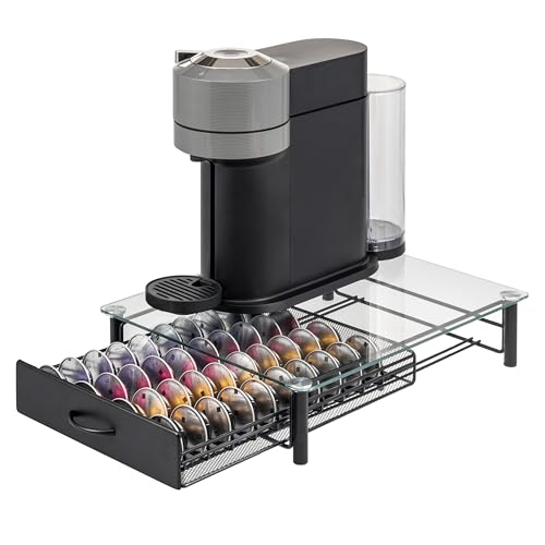 eluno Kapselhalter für 40x Nespresso Vertuo, Schubladenbox, Glas-Maschinenständer Metall und Glasplatte, Kaffeekapselbox, Kapselspender ca. 33,5 x 9 x 41 cm (B/H/T) (transparent) von eluno