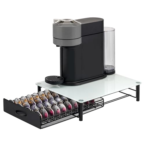 eluno Kapselhalter für 40x Nespresso Vertuo, Schubladenbox, Glas-Maschinenständer Metall und Glasplatte, Kaffeekapselbox, Kapselspender ca. 33,5 x 9 x 41 cm (B/H/T) (weiß) von eluno