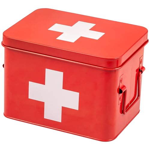 eluno Medizinbox zur Aufbewahrung von Verbandsmaterial, Medizin und Arzneimittel, mit herausnehmbarem Tablett und 4 geräumigen Bodenfächer für Medikamente, Apothekenbox aus Metall von eluno