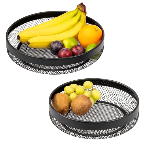 eluno Obstkorb - Brotkorb 2er Set, Moderne runde Obstschalen, Drahtkörbe in Zwei praktischen Größen - ideal geeignet für Obst, Gemüse, Brot und Snacks in Küche und Wohnzimmer aus schwarzem Metall von eluno