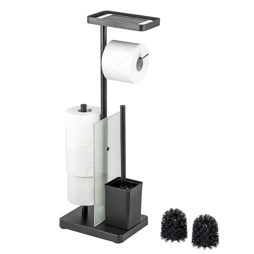 eluno Stand-WC-Garnitur 4in1, freistehende Toilettengarnitur inklusive WC-Bürste, 2 Ersatzbürstenköpfe, (Ersatz-) Rollenhalter für 3 Rollen, Ablage, satiniertes Glas und Metall (Schwarz) von eluno