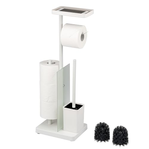 eluno Stand-WC-Garnitur 4in1, freistehende Toilettengarnitur inklusive WC-Bürste, 2 Ersatzbürstenköpfe, (Ersatz-) Rollenhalter für 3 Rollen, Ablage, satiniertes Glas und Metall (Weiß) von eluno