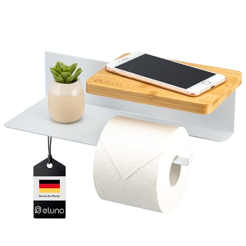 eluno Toilettenpapierhalter VARAZ mit 2 Ablagen, Selbstklebender Toilettenpapierrollenhalter, WC-Rollenhalter mit Klebeband zum Kleben oder zum Bohren, aus weißem Metall und Bambus eluno Toilettenpapierhalter VARAZ mit 2 Ablagen, Selbstklebender Toilettenpapierrollenhalter, WC-Rollenhalter mit Klebeband zum Kleben oder zum Bohren, aus weißem Metall und Bambus von eluno