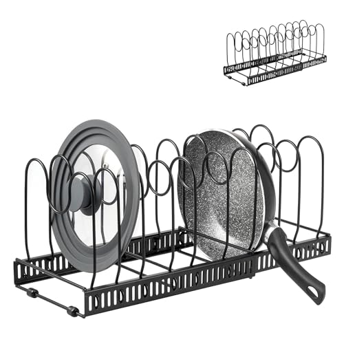 eluno Topfdeckel und Pfannenhalter ausziehbar für Schubläden und Schränke - perfekt für max. 9 Töpfe, Pfannen, Deckel, Teller, Backformen und Schneidebretter, mit Anti-Rutschfüßen, schwarz von eluno