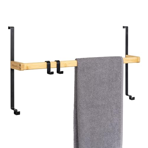 eluno Tür-Hängeregal aus Metall und Bambus, Tür-Handtuchhalter mit 1 Handtuchstange, 2 praktischen Haken, zum Einhängen ohne Bohren (Schwarz) von eluno