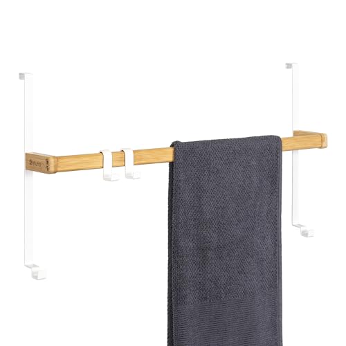 eluno Tür-Hängeregal aus Metall und Bambus, Tür-Handtuchhalter mit 1 Handtuchstange, 2 praktischen Haken, zum Einhängen ohne Bohren (Weiß) von eluno