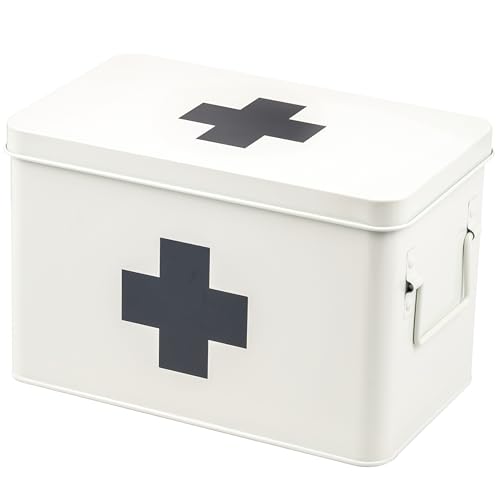 eluno große Medizinbox zur Aufbewahrung von Verbandsmaterial, Medizin und Arzneimittel, mit herausnehmbarem Tablett und 5 geräumigen Bodenfächer für Medikamente, Apothekenbox aus Metall (weiß) von eluno
