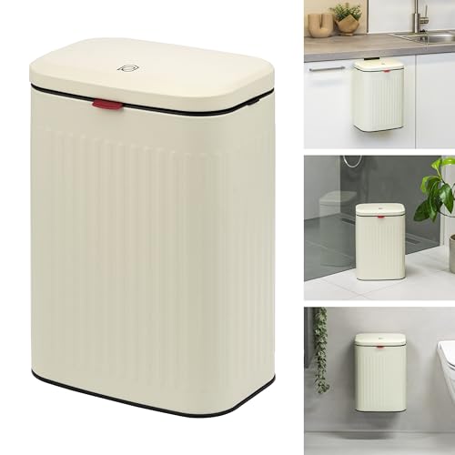 eluno großer Abfalleimer, Küchenmülleimer mit Schiebedeckel zum Hängen, Stellen oder Kleben, 6 Liter Fassungsvermögen für Küche, Bad, Schlafzimmer mit herausnehmbaren Kunststoffinneneimer (Creme) von eluno