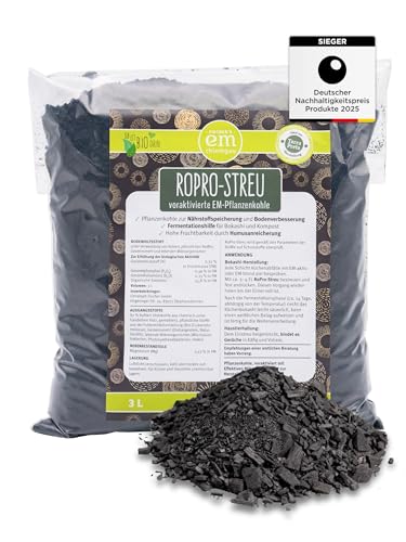 EM-Chiemgau RoPro-Streu 3 L Pflanzenkohle - Wurzelaktivator Bodenaktivator & Kompostbeschleuniger [Voraktiviert mit Effektiven Mikroorganismen] für Terra Preta, Bokashi, Humusaufbau, Garten & Stall von Fischer’s EM-Chiemgau