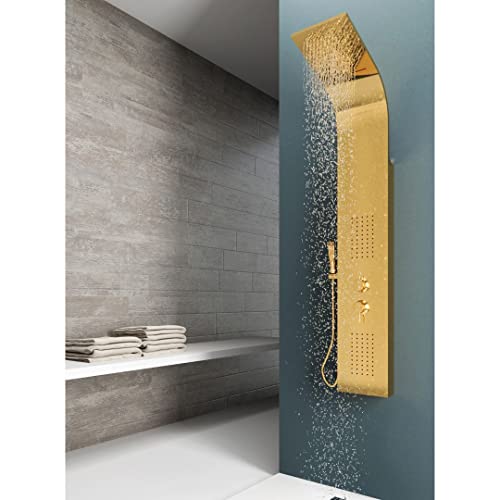 EM Duschsäule Jungle Gold Stahl Gold Poliert Matt 4 Funktionen Mit Wasserfall Handbrause Mischer Kaltes Wasser von em