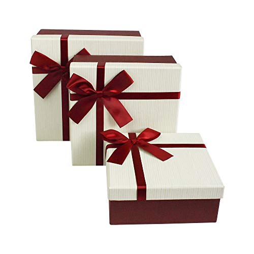 Emartbuy Set von 3 Geschenkbox, Burgandy Box mit Gestreiftem Deckel Cremefarben Und Satin Schleife von emartbuy