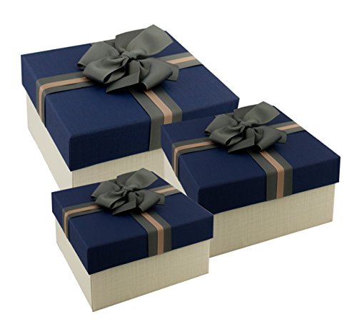Emartbuy Set von 3 Starre Geschenkbox, Creme-Box mit Blauem Deckel und Grau Braun Dekorative Ribbon von emartbuy