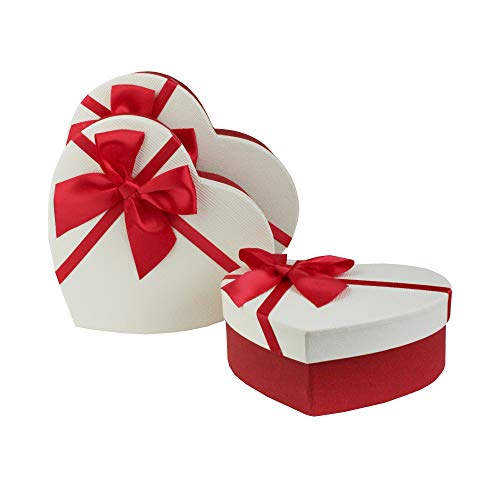 Emartbuy Set von 3 Starre Luxus Präsentierte Geschenkbox in Herzform, Texturiert Rote Box mit Creme Deckel, Punktmuster Innere und Satinschleife von emartbuy