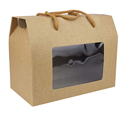 Emartbuy Starke Papier Stand Up Geschenkbox Tasche, 15 cm x 11 cm x 9 cm, Braune Krafttasche Box Cupcakes Kekse Muffin Kuchen Box mit Klarem Fenster und Tragegriff - Packung mit 12 Stück von emartbuy
