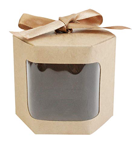 Emartbuy Starkes Papier Aufstehen Hexagon-Geschenk-Tasche, 10 cm x 10 cm x 12 cm, Braune Kraft Tasche Kuchen-Plätzchen-Muffin-Torten-Kasten mit Klarem Fenster und Band - Packung mit 12 Stück von emartbuy