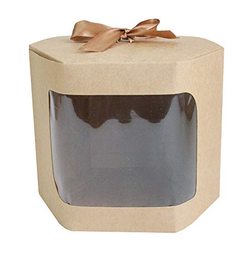 Emartbuy Starkes Papier Aufstehen Hexagon-Geschenk-Tasche, 13 cm x 13 cm x 14 cm, Braune Kraft Tasche Kuchen-Plätzchen-Muffin-Torten-Kasten mit Klarem Fenster und Band - Packung mit 12 Stück von emartbuy
